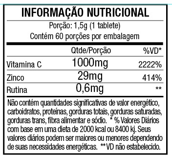 Tabela Nutricional Vitamina C e Zinco Quelato