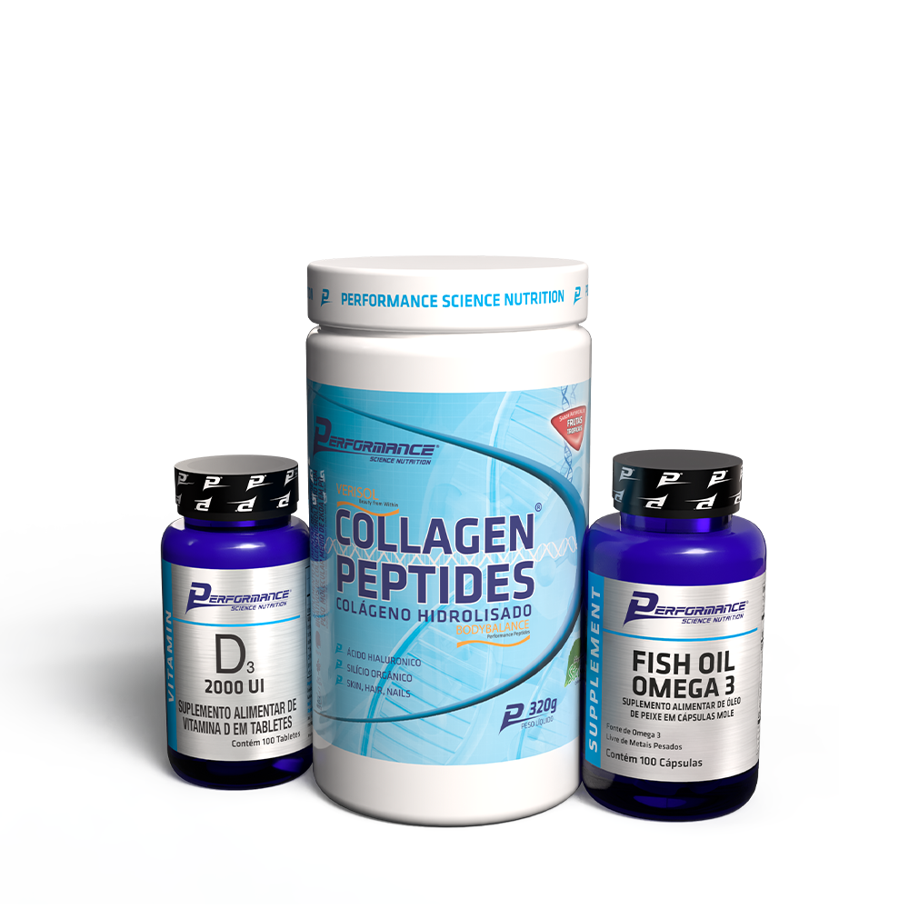 Kit Cuidado Diário Collagen Peptides + Fish Oil Ultra Puro + Vitamina D3 100 Tabletes